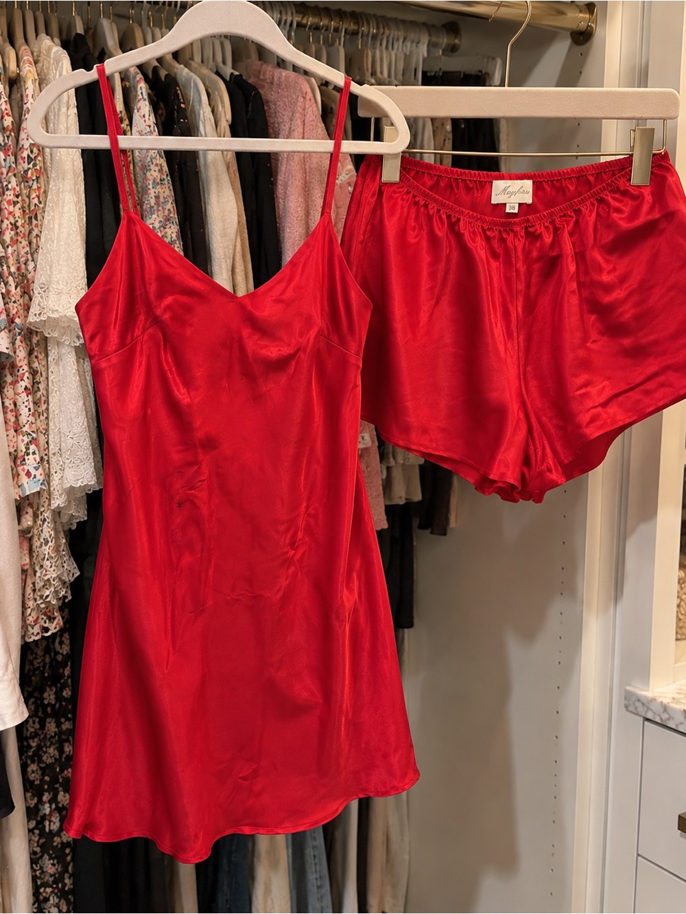 Marjolaine Red Satin Slip & Shorts Lingerie Set Size 38